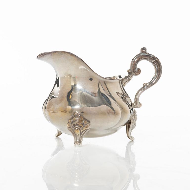 Wilhelm T Binder, sugar bowl, creamer, tray and sugar tong, silver, Schwäbisch Gmünd, Germany, 20th century.