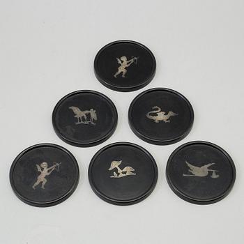 COASTERS, 6 st, silver och bakelit, Perstorp, 1950-tal.