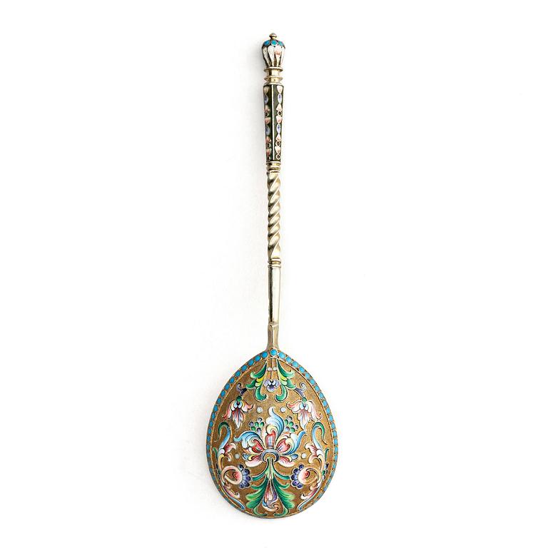 A Russian parcel-gilt cloisonné enamel spoon, maker's mark cyrillic possibly, GS for Grigory Spitnev, Moscow, 1908-1926.