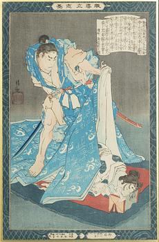 Kobayashi Kiyochika, färgträsnitt, 2 st, Japan, omkring 1900.