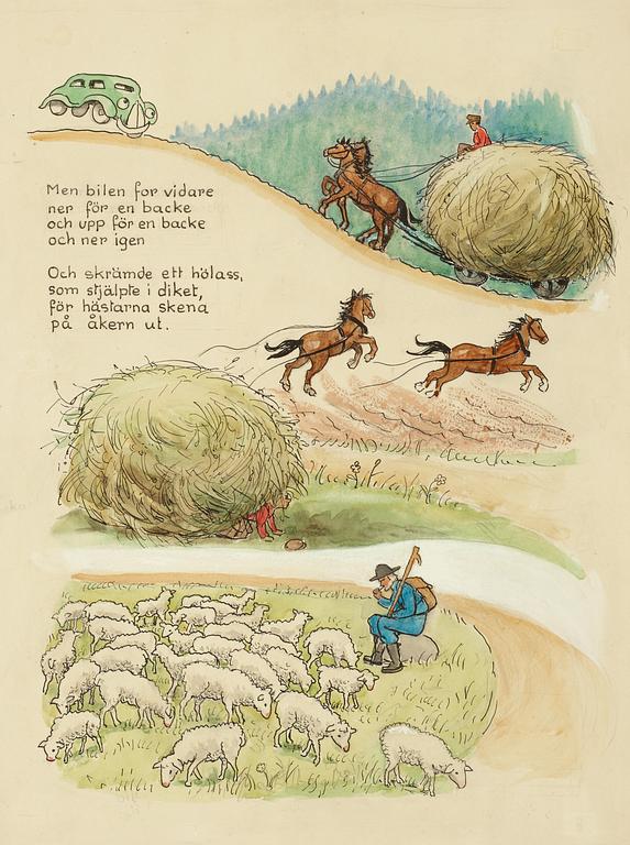 Elsa Beskow, The red bus and the green car. Illustrated children's story by Elsa Beskow.