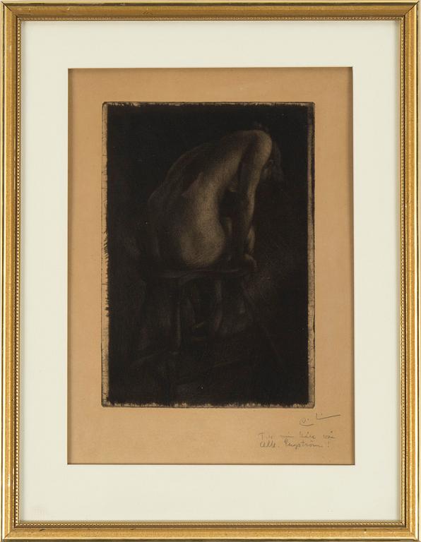 CARL LARSSON, mezzotint, 1896, sign. C.L. m. dedikation: "Till min käre vän Alb. Engström!" i blyerts. "Kvinnlig modell".