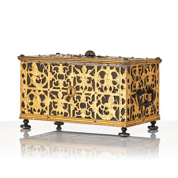 The Wrangel strongbox, a German wrought iron and steel engraved strongbox dated 1658.
