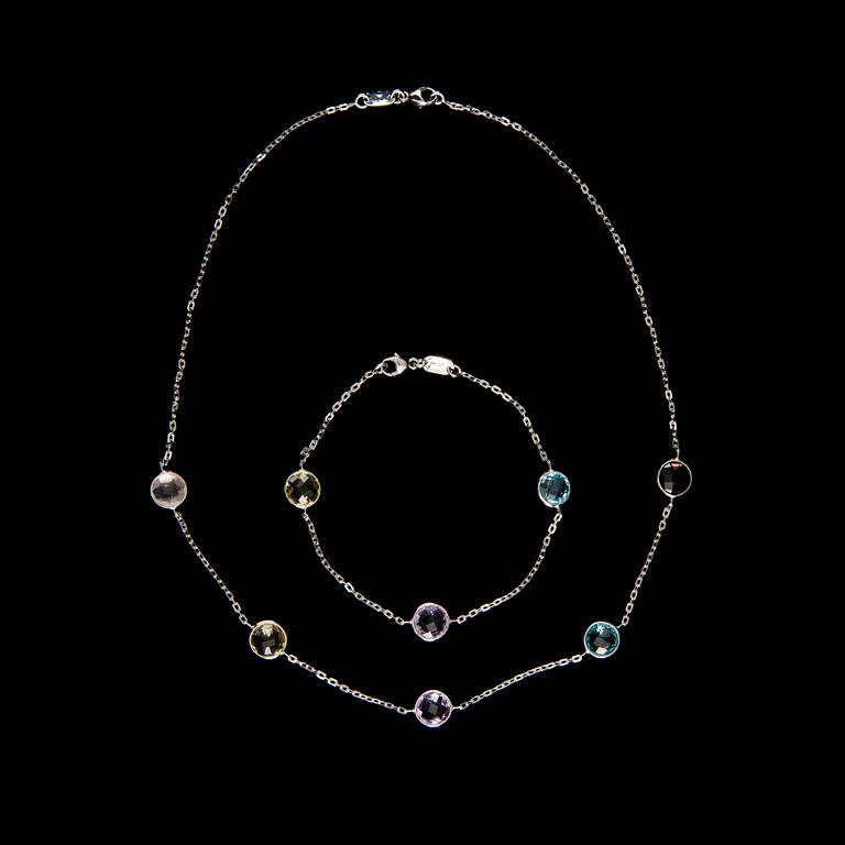 A NECKLACE AND A BRACELET, 18K white gold, topaz, quartz. Weight totally c. 8,3 g.