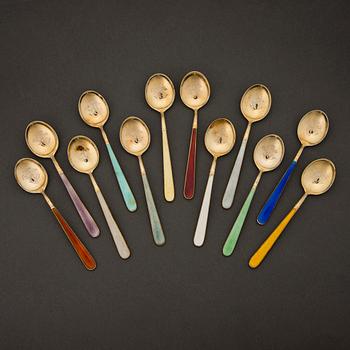 A set of 12 enamelled and gilt silver coffee spoons,  Tillander, Helsinki 1950-luku.