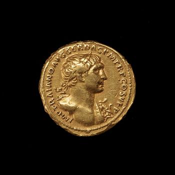 ANTIKT MYNT. Rom. Kejsardömet. Trajanus 97-117. Aureus.  Guld 7,21 g.