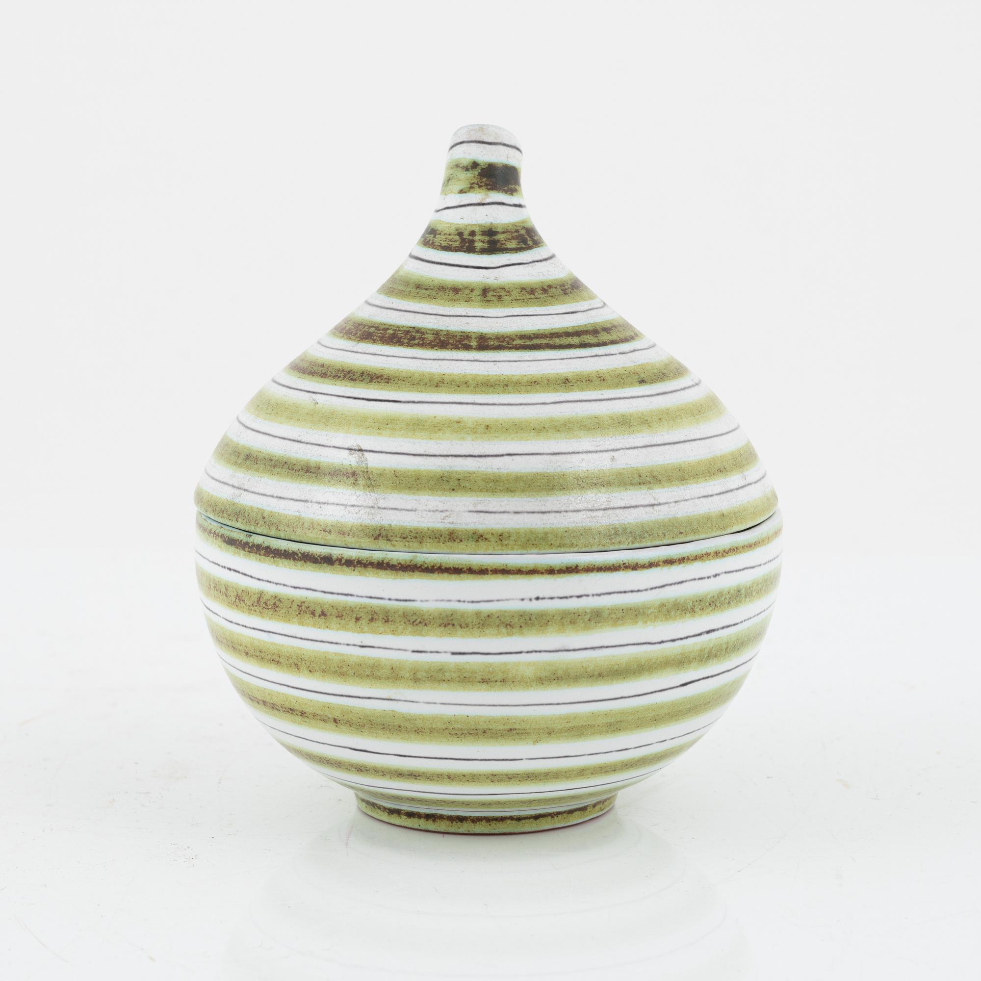 Stig Lindberg, skål med lock, fajans,  randig och grön, Gustavsberg.