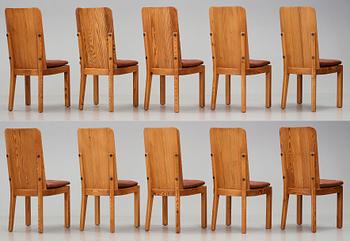 Axel Einar Hjorth, a set of ten "Lovö" stained pine dining chairs, Nordiska Kompaniet, Sweden 1930's.