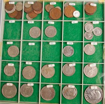 MYNTSAMLING, 8 delar, bla silver, koppar, Sverige och Europa. Mest 1900-tal.