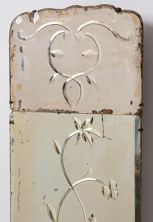 A pair of Swedish engraved-glass one-branch girandole mirrors, later part 18th century.