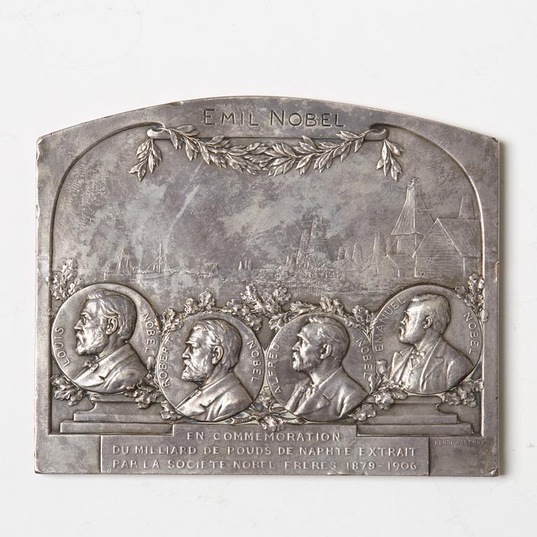 A Nobel commemorative silver plaque, marked Henri Varenne, Paris 1907.