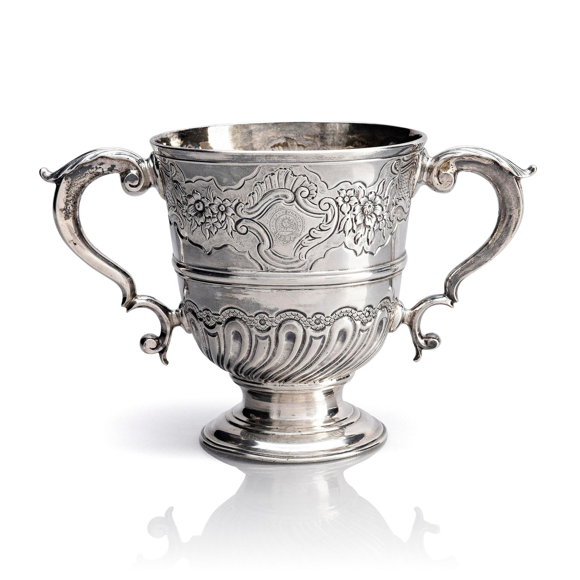 A Brittish 18th century two-handled silver cup, mark of John Eckford II, London 1744.