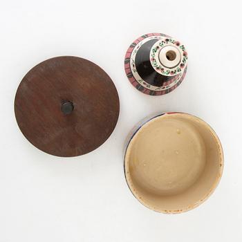 Anita Nylund, bowl with lid "Our Little Town" and candlestick "Woman from Ibiza", Jie Ceramics.