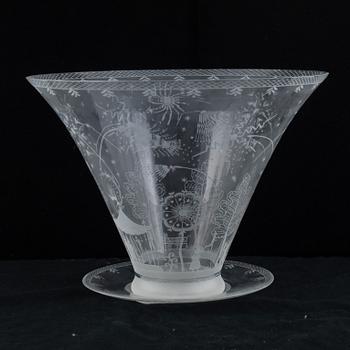 Edward Hald, an engraved glass "Fyrverkeriskål" with plate (fireworks bowl), Orrefors Sweden 1968,