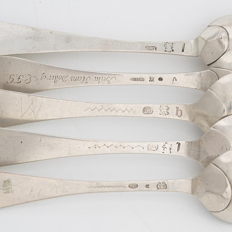 Five swedish silver spoons, 18th century.