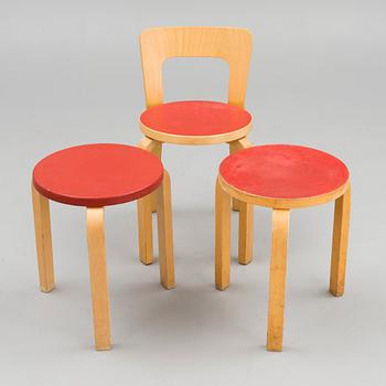 A chair and two stools, Artek, Finland mid-20th and latter half of the 20th Century.