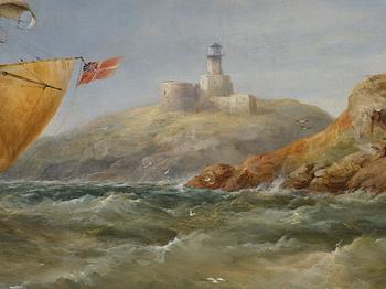 James Edwin Meadows, Sailing boats in rough weather by the coast with a lighthouse.
