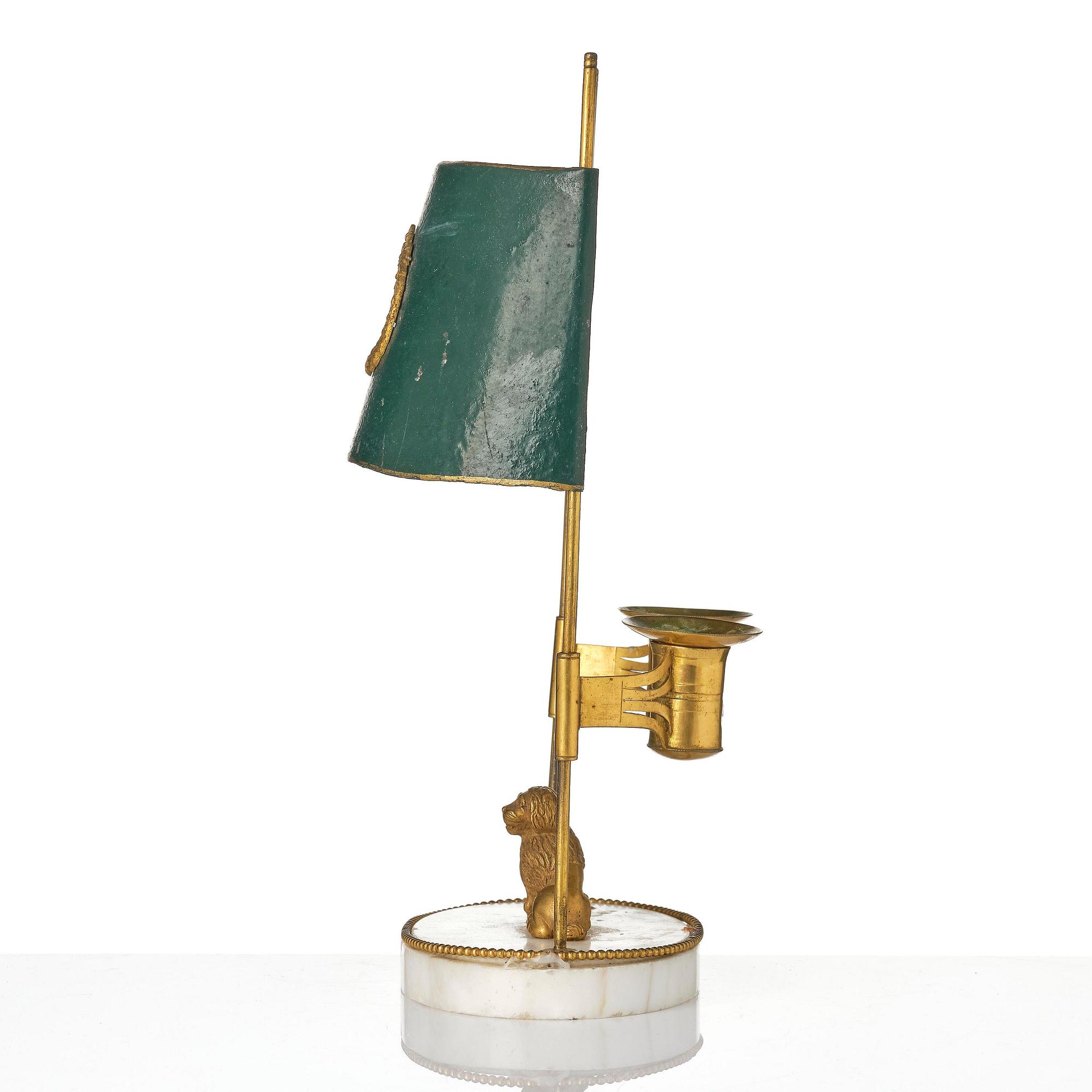 A late Gustavian gilt brass, marble and tole reading lamp, late 18th century.