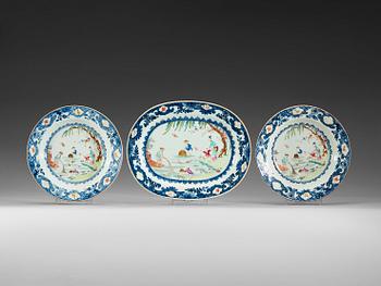 A famille rose serving dish and two soup plates, Qing dynasty, Qianlong (1736-95).