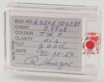 RING, 18K guld och vitguld med briljantslipad diamant 0.97 ct, Sven Wrange, Göteborg. Vikt 8,5 gram.