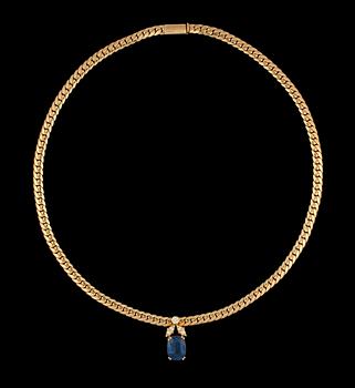 1258. A blue sapphire, circa 6.00 cts, and brilliant-cut diamond pendant. Diamond total carat weight circa 0.20 ct.
