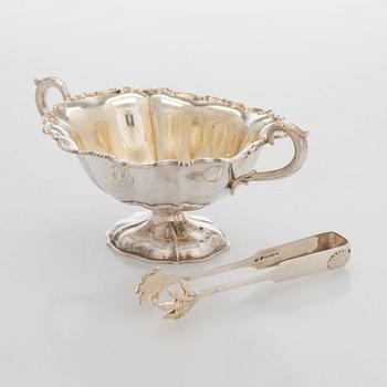 A silver coffee pot, sugar bowl, cream jug, and sugar tongs, Finland 1926-49.