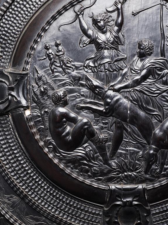 A Louis XIV and Louis XIV-style carved ebony, ivory and tortoiseshell-inlaid cabinet on stand, 17th and 19th century.