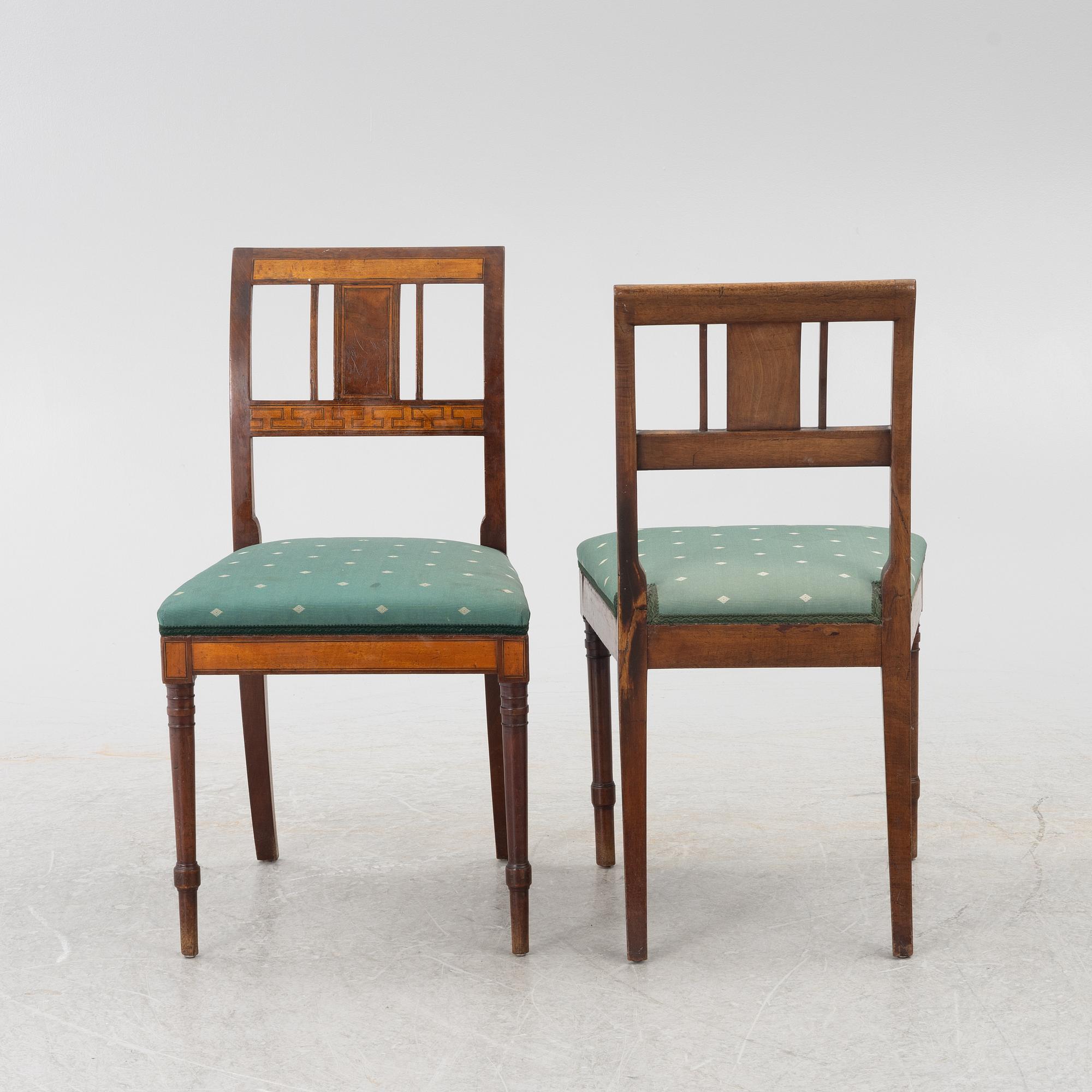 Stolar, 5 st, empirestil, omkring år 1900.