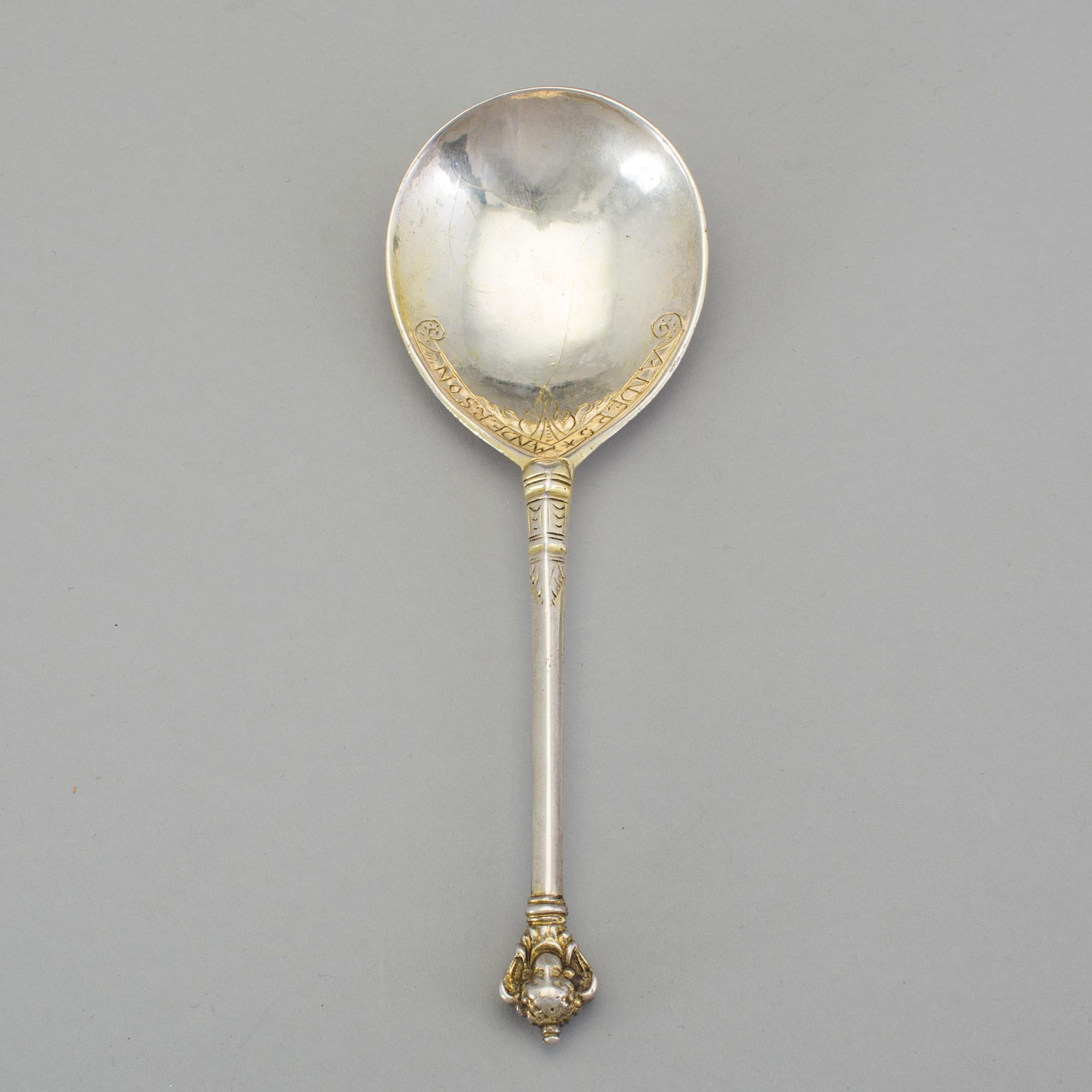 A Swedish 17th century silver-gilt spoon, unmarked (possibly Anders Andersson Amor, Sthlm 1684-1703).