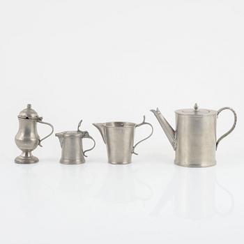 Four pewter items, various masters, 18th - 19th century.