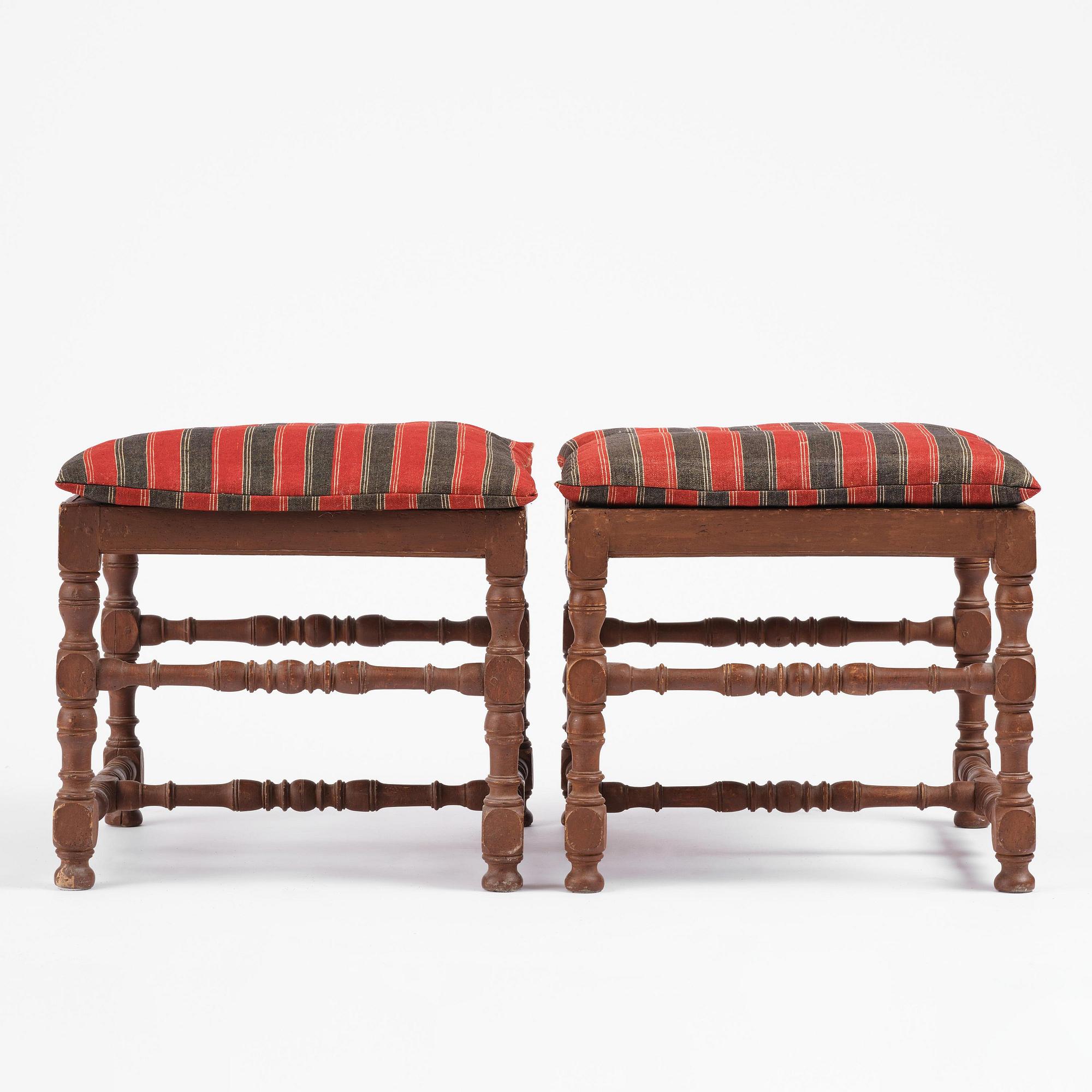 A pair of Swedish baroque stools, circa 1700.