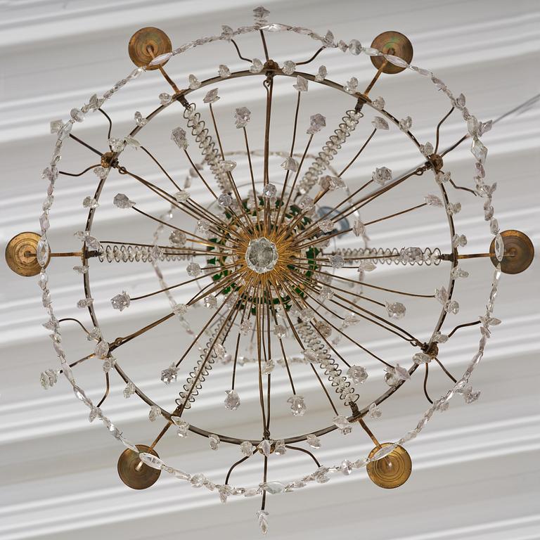 A Late gustavian green top glass six light chandelier.
