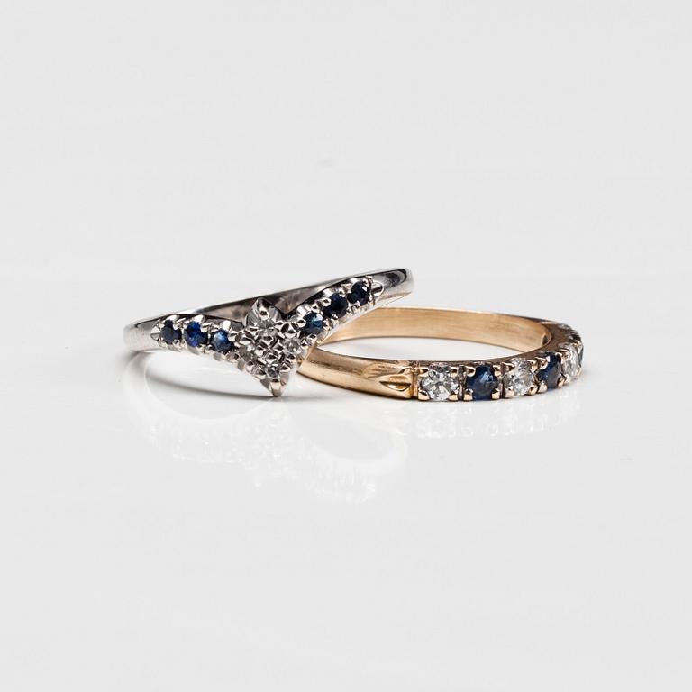 RINGAR, 2 st, 14K guld och vitguld. Diamanter tot. ca 0,28 ct och safirer ca 0,27 ct. Tot. vikt ca 4,2 g.