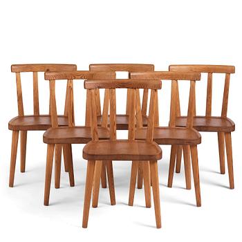 415. Axel Einar Hjorth, a set of six stained pine 'Utö' chairs, Nordiska Kompaniet, Sweden 1930s.