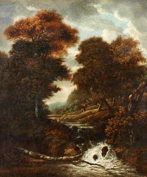 395. Jacob van Ruisdael Circle of, Landscape with figures and waterfall.
