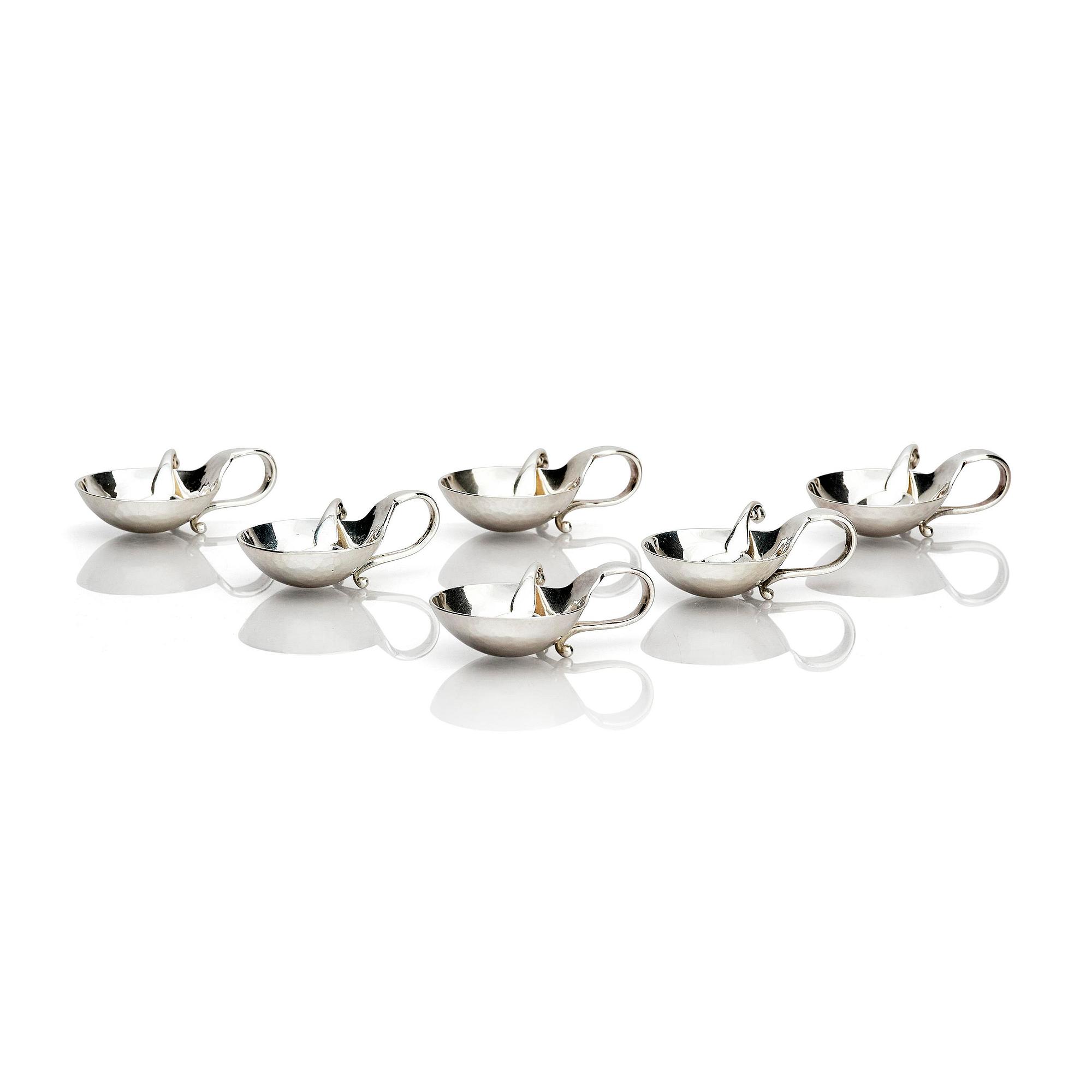 Georg Jensen, salt cellars with spoons, silver, 6 pcs, design no. 110, Copenhagen.