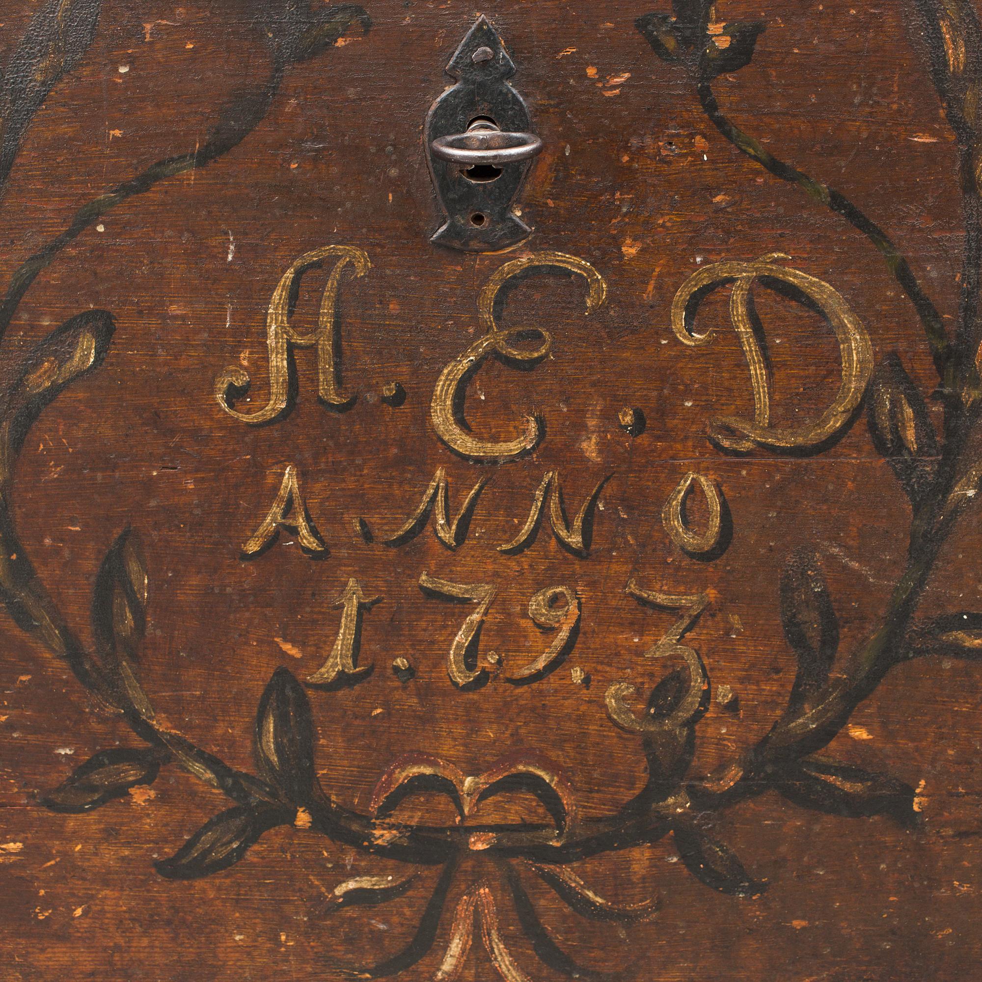 a Swedish folk art chest with the letters A.E.D and dated 1793.