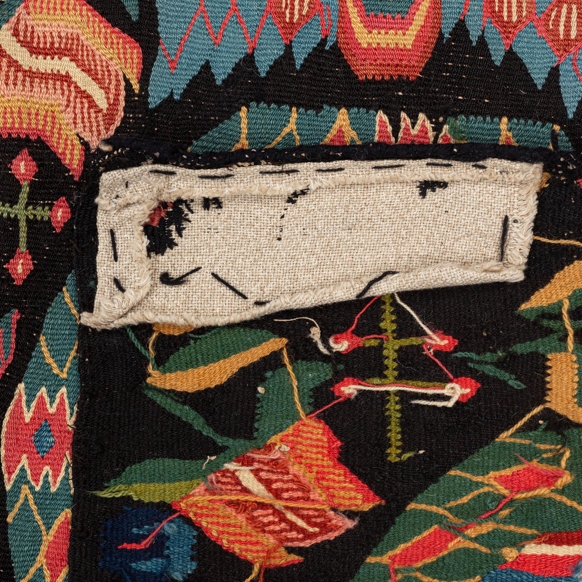 Åkdyna, "Bebådelsen", flamskväv, ca 105 x 52 cm, Skåne, 1800-1830.
