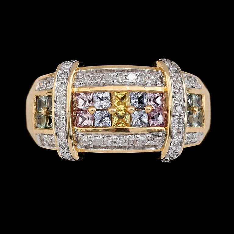 RING, 14K guld, safirer, diamanter tot ca 0.33 ct. Vikt ca 6 g.