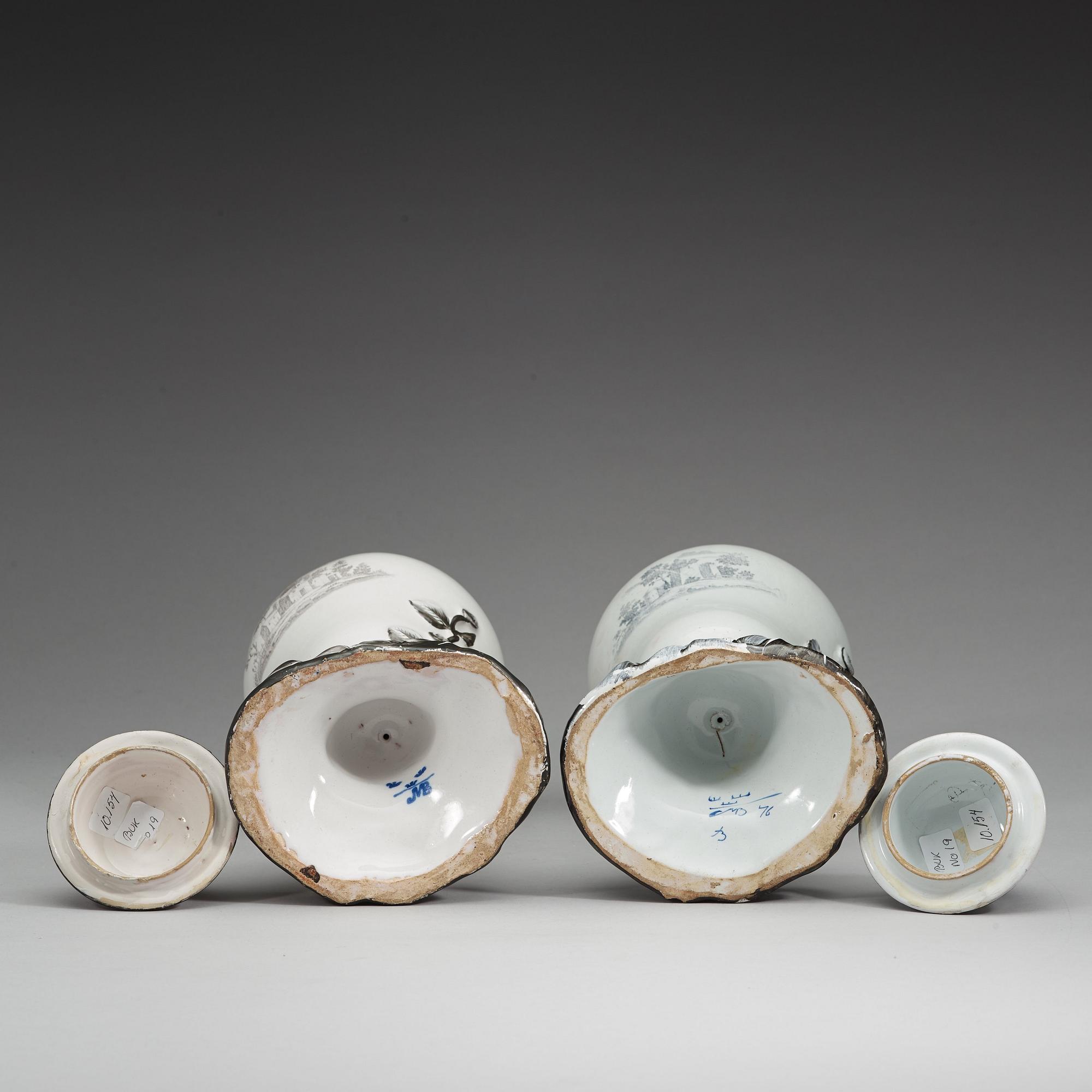 A pair of Swedish faience vases with covers, Marieberg, 18th Century.