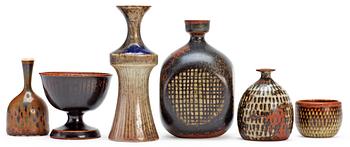 497. A set of six Stig Lindberg stoneware miniatures, Gustavsberg studio 1960's.