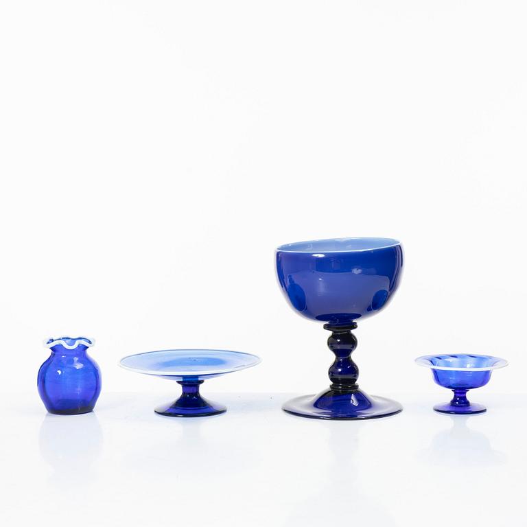 Four blue glass objects, Norway/ gothenburg's glasworks, early 19th century.