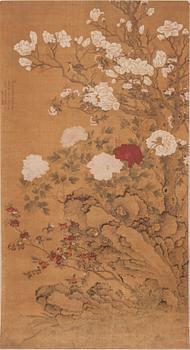 313. RULLMÅLNING, fåglar och blommor, Qingdynastin, 1700-tal, signerad Lan Ling.