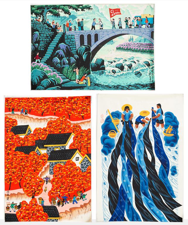 A set of three Chinese s.k. 'farmers paintings', Huxian,  second half of 20th Century.