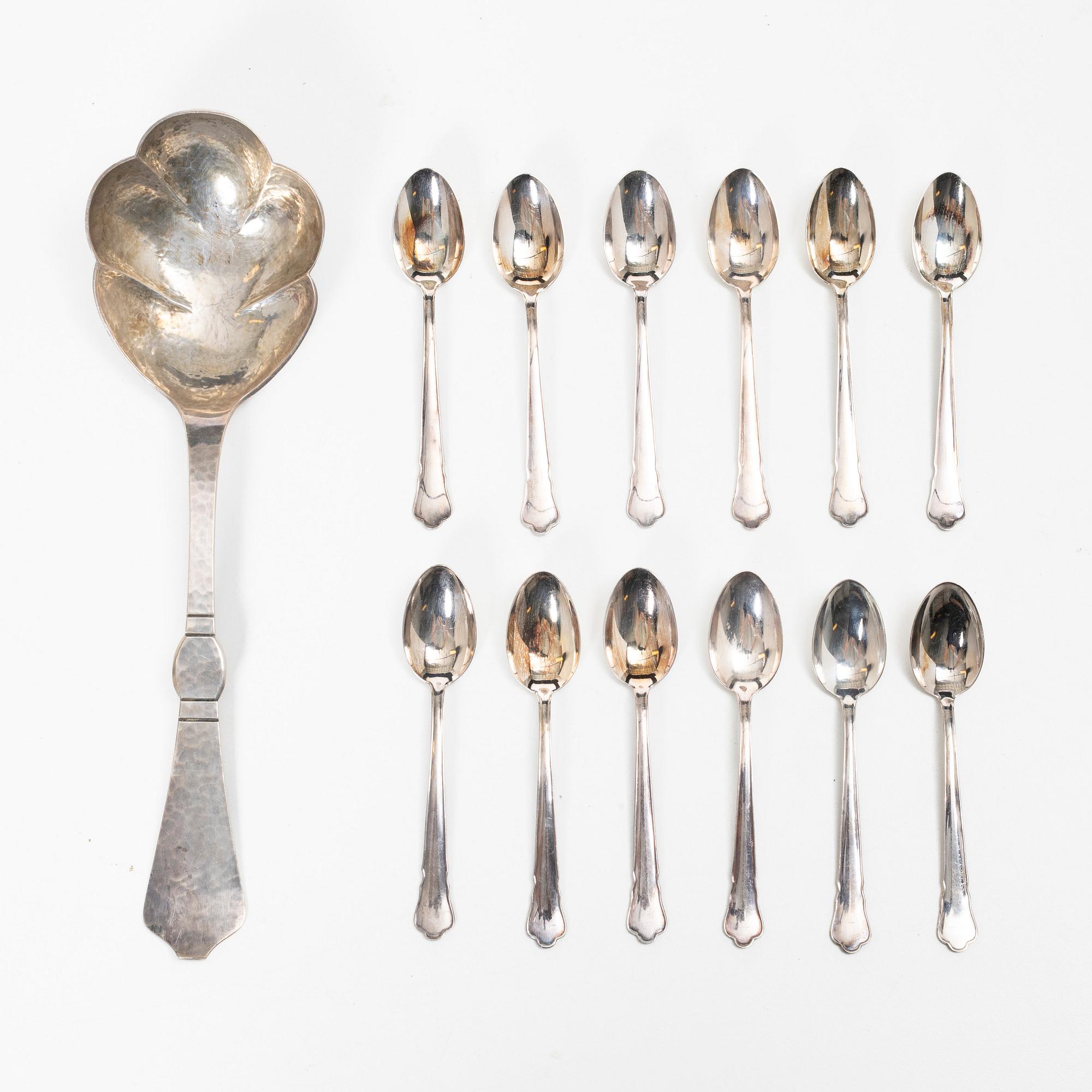 Twelve coffee spoons, as well as a serving spoon, silver, including with mark of Befwes Juvelerareaffär, Stockholm 1922.