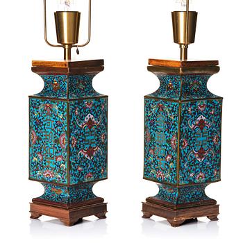 A pair of cloisonné vases/table lamps, Qing dynasty, 19th century.