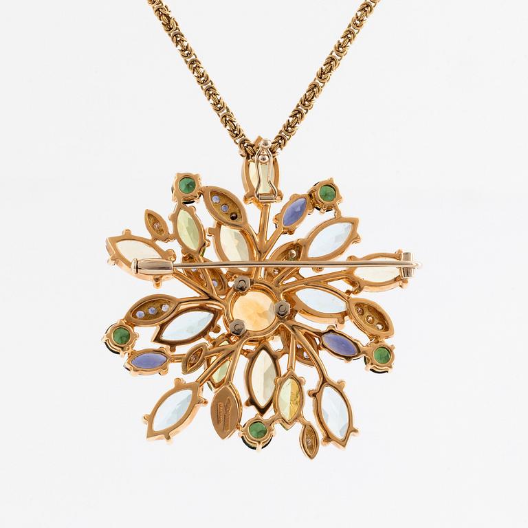 Hänge/brosch, Mangiarotti, 18K guld med fasettslipade ädelstenar.