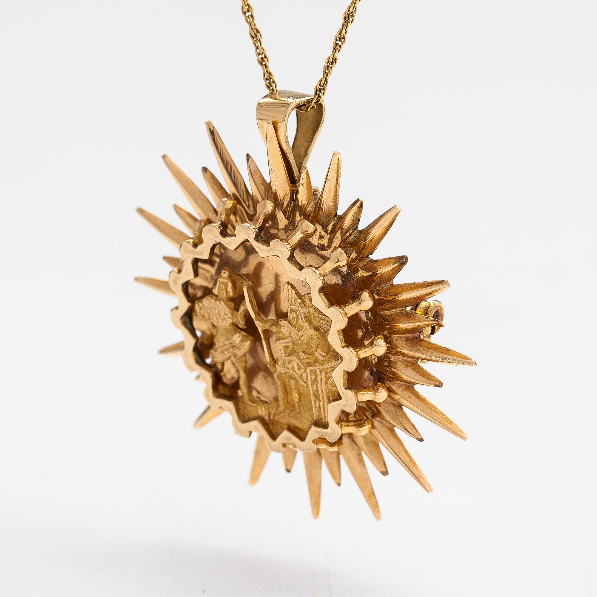 Halsband med hänge/brosch, ca 17K guld, Inka-motiv, Peru.