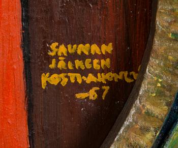 KOSTI AHONEN, oil and collage on board, painted wood relief, signed and dated -67.