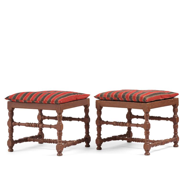 A pair of Swedish baroque stools, circa 1700.